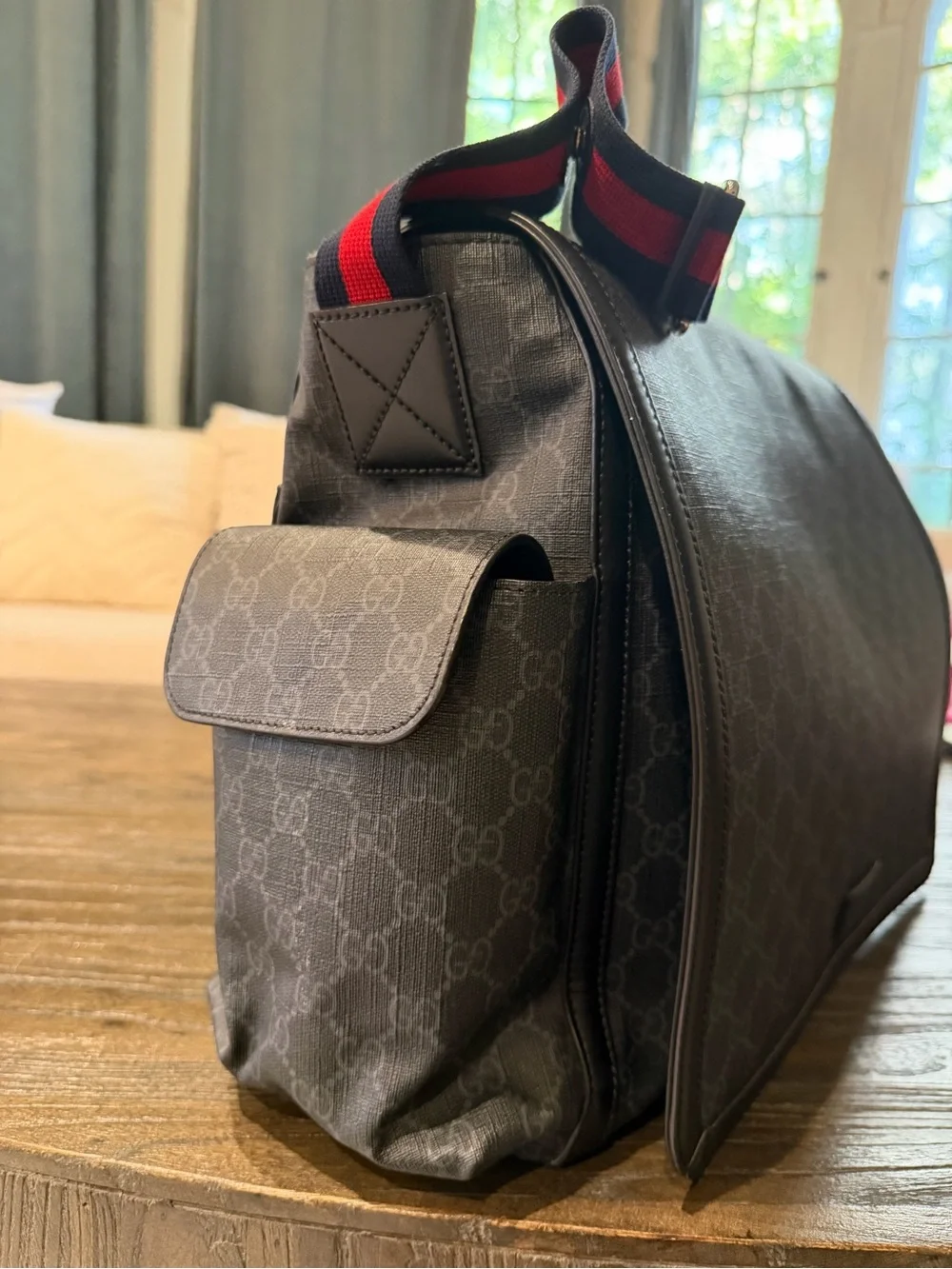 Authentic Gucci Black/Gray Messenger/ Diaper Bag with Red and Blue Web Strap